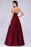 Deep V-Neck Long Sleeveless Spaghetti Straps Burgundy Satin Evening Prom Dress P1187