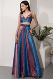 Two Pieces V Neck Straps V Back Floor Length Prom Dresses Long Party Dresses P1201