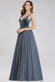 A Line V-Neck Sleeveless Blue Floor-length Evening Dress Prom Dress P1181