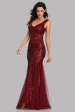 Sexy Burgundy Tulle V-Neck Mermaid Sequin Prom Dresses XU90813