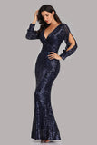 Long Split Sleeve Mermaid V-Neck Dark Navy Blue Sequins Prom Dresses, Formal Dresses XU90814