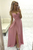 Simple Spaghetti Straps V Neck Satin Ruffles Prom Dress with Pleats, High Slit Evening Dress P1404