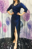 Unique 3/4 Sleeves Mermaid Pleated Split Dark Navy Blue V-Neck Long Prom Dresses XU90820