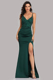 Spaghetti Straps Green Side Slit Mermaid Prom Dresses Sexy Beads V-Neck Formal Dresses XU90815