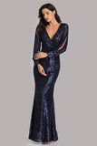 Long Split Sleeve Mermaid V-Neck Dark Navy Blue Sequins Prom Dresses, Formal Dresses XU90814