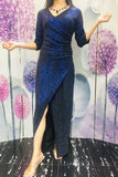 Unique 3/4 Sleeves Mermaid Pleated Split Dark Navy Blue V-Neck Long Prom Dresses XU90820