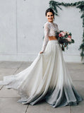 Elegant Two Pieces Chiffon Long Sleeves Wedding Dress with Lace Appliques W1201