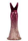 Sexy Sequins Mermaid V-Neck Burgundy Velvet Long Prom Dresses Backless Evening Dresses XU90802