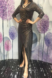 Unique 3/4 Sleeves Mermaid Pleated Split Dark Navy Blue V-Neck Long Prom Dresses XU90820