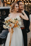 Elegant Tulle Ivory V-Neck Wedding Dress With Pearls Beach Bridal Dress W1209