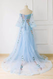 Light Blue Off the Shoulder Sweetheart Half Sleeve Prom Dress P1242