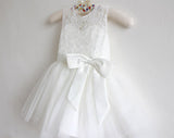 Ankle-length Sashes Scoop Neck Lace Tulle Flower Girl Dress PM545