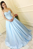 Modest A-Line Sweetheart Strapless Light Blue Sleeveless Long Prom Dresses uk With Lace PH230