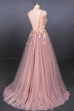 Elegant Pink V-Neck Sleeveless Tulle Prom Dress with Appliques A Line Tulle Evening Dress P1252