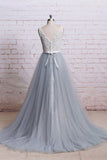 A-Line V-Neck Ivory Lace Bodice Grey Tulle Skirt Chapel Train Appliques Wedding Dress PM287