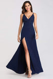 Sexy V-Neck Long Spaghetti Straps Mermaid Navy Blue Prom Dresses with High Split P1174