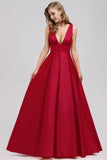 A Line Satin Red Deep V-Neck Backless Prom Dress Dance Dress P1189