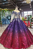 Ball Gown Ombre Sparkly Long Sleeve Sequins Prom Dress Quinceanera Dress P1217