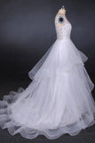 Elegant V-Neck Tulle Open Back Wedding Dress Asymmetrical Long Bridal Dress W1143