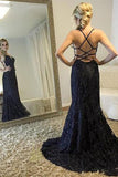 Spaghetti Straps V-Neck Black Mermaid Sparkly Sexy Beads Tulle Unique Prom Dresses UK PH400