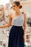 Flowy One Shoulder Navy Blue Tulle Long Prom Dress Formal Dress P1193