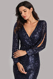 Long Split Sleeve Mermaid V-Neck Dark Navy Blue Sequins Prom Dresses, Formal Dresses XU90814