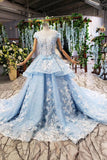 Princess Light Blue Ball Gown Cap Sleeve Prom Dresses with 3D Flowers Quinceanera Dress P1133