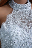 Charming Mermaid Halter Silver Sequins Prom Dress with Appliques P1464