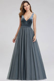 A Line V-Neck Sleeveless Blue Floor-length Evening Dress Prom Dress P1181