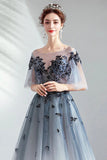 A Line Half Sleeves Tulle Long Ombre Prom Dress with Appliques Blue Evening Dress P1246