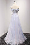 Sky Blue A-Line Off-the-Shoulder Floor-Length Tulle Prom Dresses uk with Appliques Lace PM955