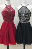 Cute A Line Halter Beaded Short Burgundy Homecoming Dresses Backless Black Hoco Dress PH731