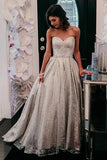 Sparkly Sweetheart Silver Long Prom Dresses Sequins Beads Formal Dresses P1326