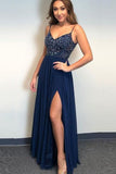 A Line Spaghetti Straps V Neck Chiffon Royal Blue Prom Dresses with Slit Beads Formal Dress P1214