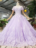 Unique Short Sleeve Lilac Ball Gown Appliques Beading Prom Dresses Quinceanera Dresses P1134