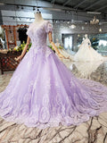 Unique Short Sleeve Lilac Ball Gown Appliques Beading Prom Dresses Quinceanera Dresses P1134