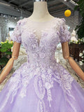 Unique Short Sleeve Lilac Ball Gown Appliques Beading Prom Dresses Quinceanera Dresses P1134