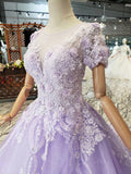 Unique Short Sleeve Lilac Ball Gown Appliques Beading Prom Dresses Quinceanera Dresses P1134