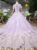 Unique Short Sleeve Lilac Ball Gown Appliques Beading Prom Dresses Quinceanera Dresses P1134