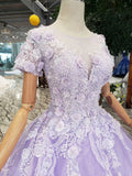 Unique Short Sleeve Lilac Ball Gown Appliques Beading Prom Dresses Quinceanera Dresses P1134