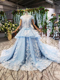 Princess Light Blue Ball Gown Cap Sleeve 3D Flowers Prom Dresses P1133