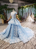 Princess Light Blue Ball Gown Cap Sleeve 3D Flowers Prom Dresses P1133