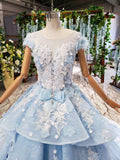 Princess Light Blue Ball Gown Cap Sleeve 3D Flowers Prom Dresses P1133