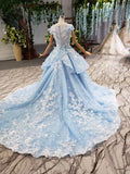 Princess Light Blue Ball Gown Cap Sleeve 3D Flowers Prom Dresses P1133