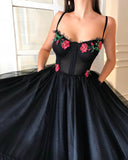 Charming Spaghetti Straps Black Flower Appliques Prom Dress P1542