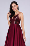 Deep V-Neck Long Sleeveless Spaghetti Straps Burgundy Satin Evening Prom Dress P1187