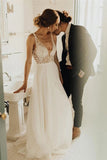 Elegant Tulle Ivory V-Neck Wedding Dress With Pearls Beach Bridal Dress W1209