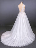 A Line Straps V-Neck Lace Appliques Tulle Wedding Dress Long Wedding Gowns W1128