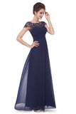 Elegant Lace Cap Sleeve Chiffon Evening Gowns Open Back Bateau Long Prom Dress P1191