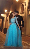 Round Neck Applique Bodice Long Tulle Prom Dresses Evening Dresses PM504